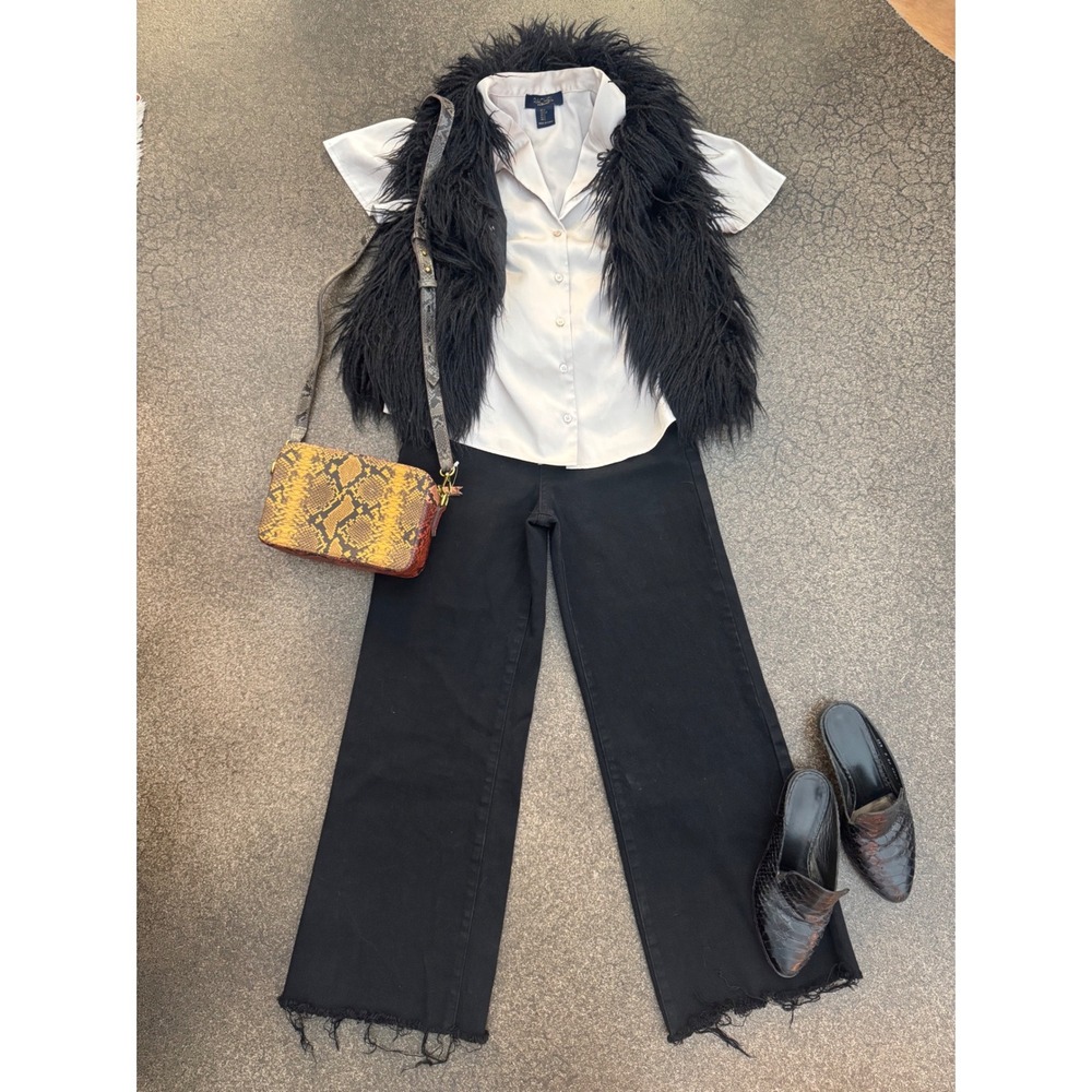 ANNIEWEAR DENIM Black High Waisted Wide Leg Cropped Raw Hem Jeans Size S